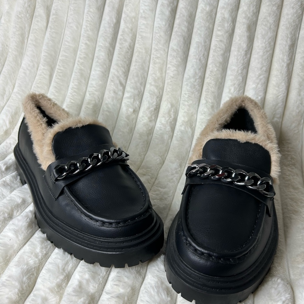 Black Leather Loafers with Faux Fur Trim and Chain Detail
